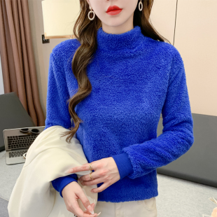 双面珊瑚绒半高领卫衣长袖 女T恤2024秋冬保暖宽松内搭外穿打底衫