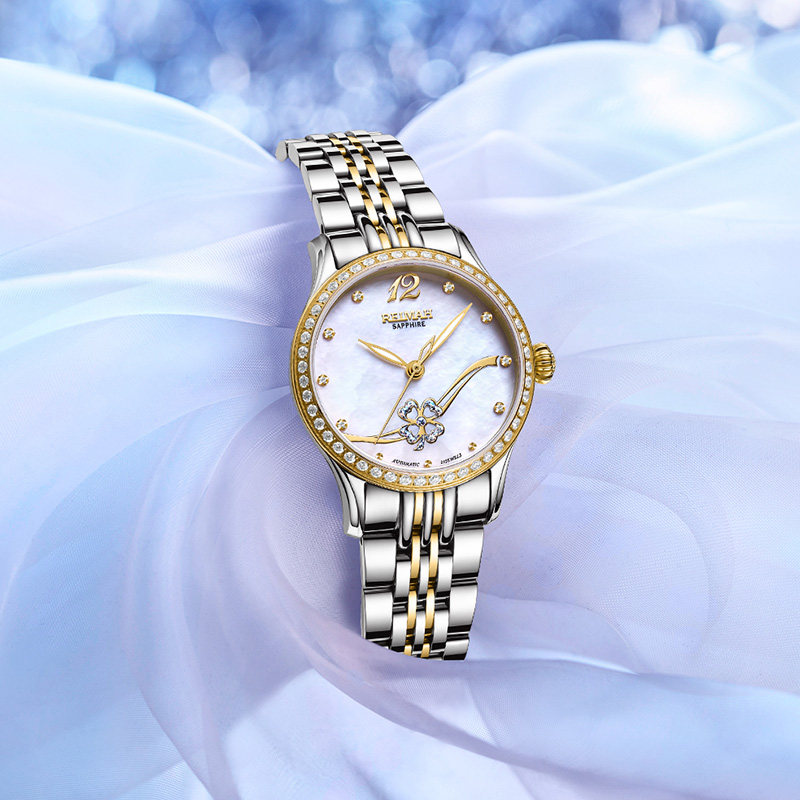 雷迈表reimah手表 时尚自动机械女士腕表钢带四叶草红面女表8169l