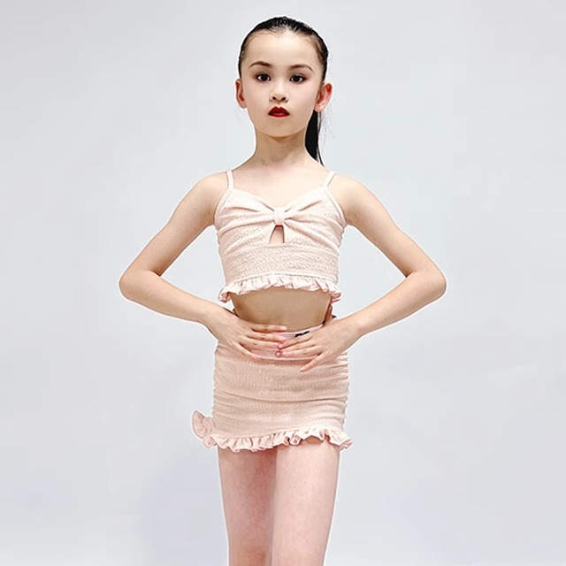 新款拉丁舞服少儿女练习服春夏新款吊带粉高级舞蹈专业演出服集训