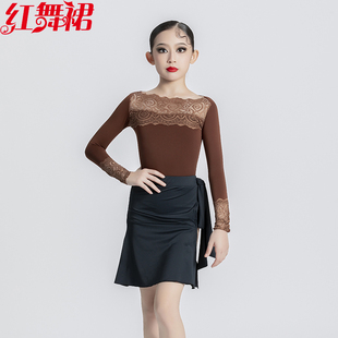 红舞裙秋冬儿童长袖拉丁舞蹈服恰恰伦巴牛仔练习服表演服演出服装