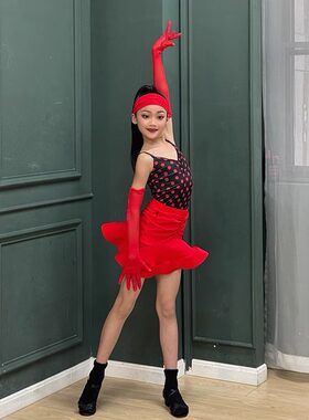 红舞裙少儿拉丁舞练功服装