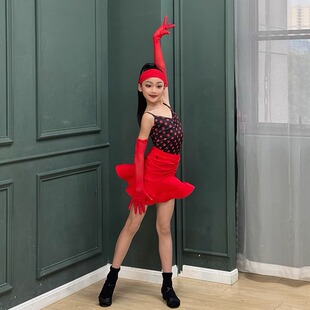 红舞裙少儿拉丁女新款舞服恰恰伦巴牛仔考级练功表演演出舞蹈服装