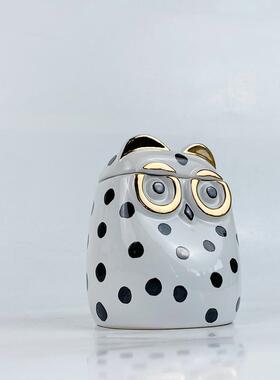 孤品清仓-发发奇类似储物罐-只有4个陶瓷储物罐子猫头鹰金黑波点