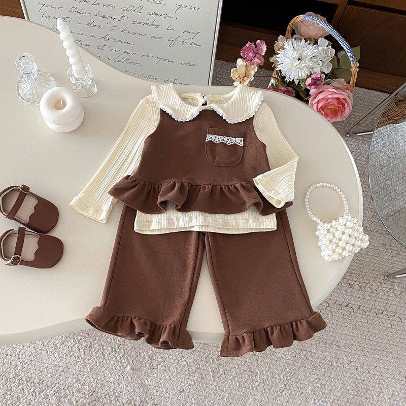 2025韩版秋款女童套装洋气荷叶摆背心长裤花边领打底衫时尚三件套,童装/婴儿装/亲子装,套装,淘宝优惠券,粉丝福利购,淘宝优惠卷