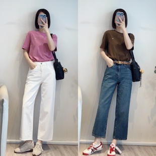 斯斯0322 巨好穿太适合春夏拉直筒简约钉珠纯色直筒九分牛仔裤