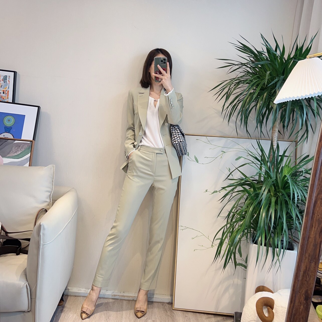 斯斯 0322一期一会 TFH清新嫩山茶绿舒爽女神感简约西装西裤套装