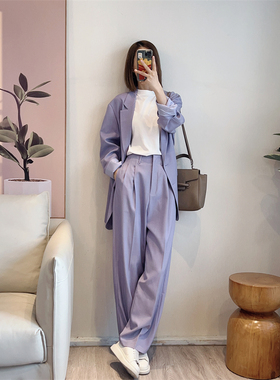 0313 清新高级紫灰色 精纺羊毛混纺IO休闲OS版中长洒脱西装西裤