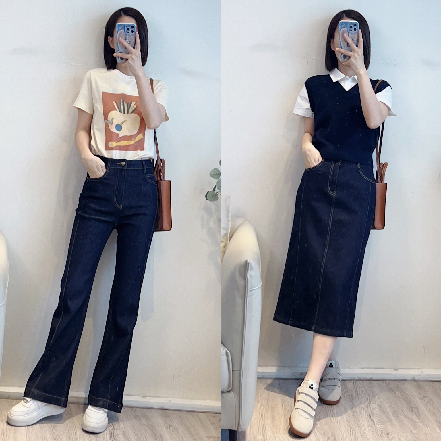 斯斯 0311 明线好舒服 环保弹力深靛蓝H版牛仔半身裙微喇牛仔长裤