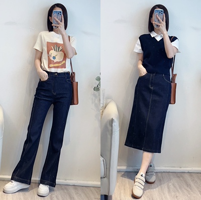 斯斯 0311 明线好舒服 环保弹力深靛蓝H版牛仔半身裙微喇牛仔长裤