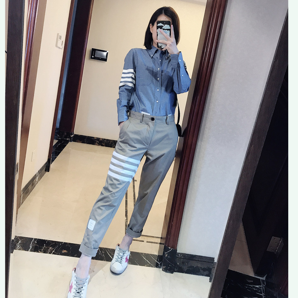 0813 我的菜啊 复古学院感 杠杠系列蓝色衬衫+翻边裤