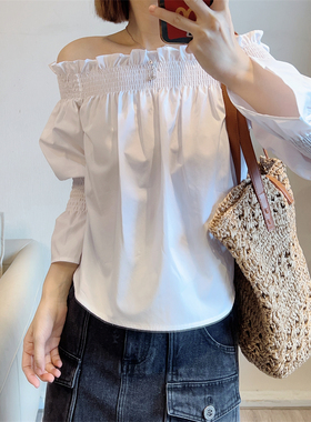 斯斯 0715北欧小众清新一字领轻薄MONTI棉质舒适有筋骨花苞袖衬衫