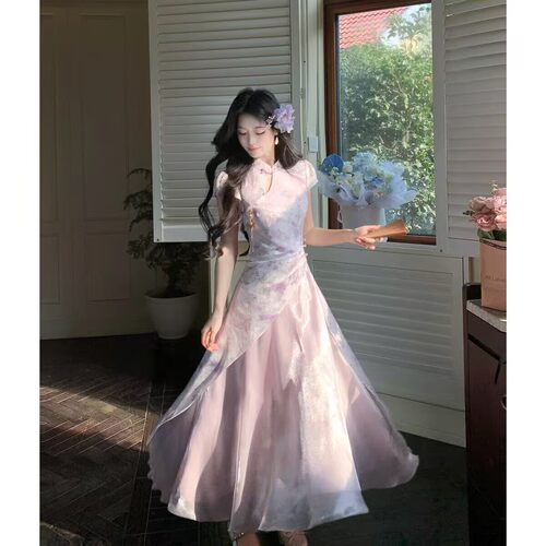 Blovelan幻紫流云 新中式改良国风暗纹印花旗袍收腰琉光纱裙