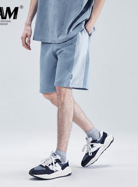 LAMLICKA满印拼接蓝色运动短裤男潮牌2024新款夏季阔腿五分裤宽松