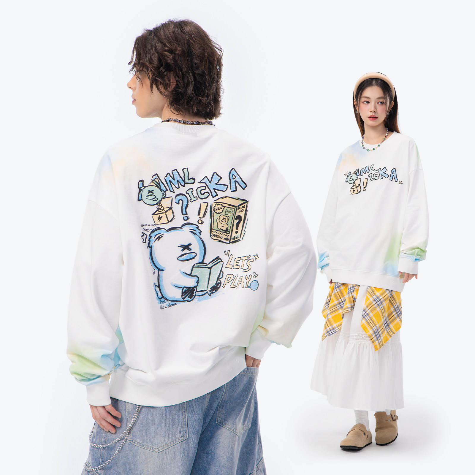 LAMLICKA小熊涂鸦印花卫衣圆领扎染渐变上衣美式街头宽松长袖外套