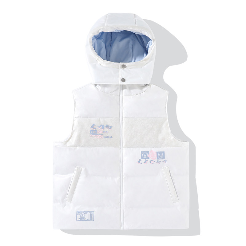 LAMLICKA撞色熊猫字母印花马甲背心男潮牌休闲白鸭绒无袖连帽外套