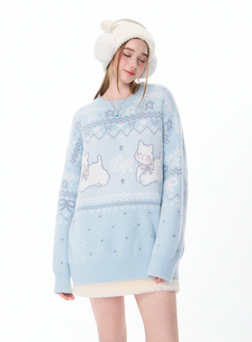 LAMLICKA费尔岛小狗浅蓝色毛衣慵懒高级感圆领多巴胺针织外套秋冬