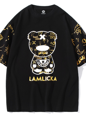 LAMLICKA烫金熊猫短袖T恤夏季女装潮牌oversize宽松情侣五分袖t
