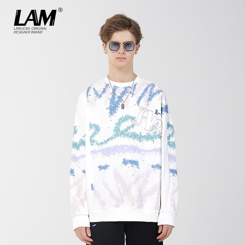 LAMLICKA撞色印花磨毛圆领卫衣男潮牌新款街头oversize无帽衫学生
