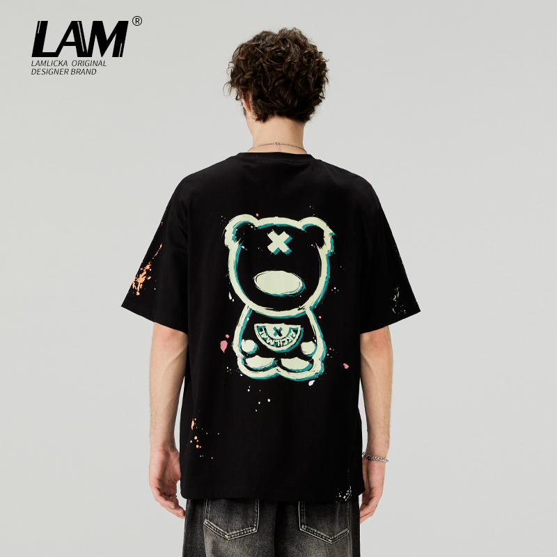 LAMLICKA卡通熊猫短袖T恤男2024夏季oversize休闲百搭情侣上衣女,男装,T恤,淘宝优惠券,粉丝福利购,淘宝优惠卷