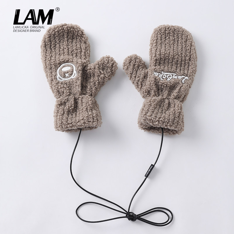 LAMLICKA 冬天可爱刺绣手套女保暖加绒加厚挂脖ins潮送女朋友礼物