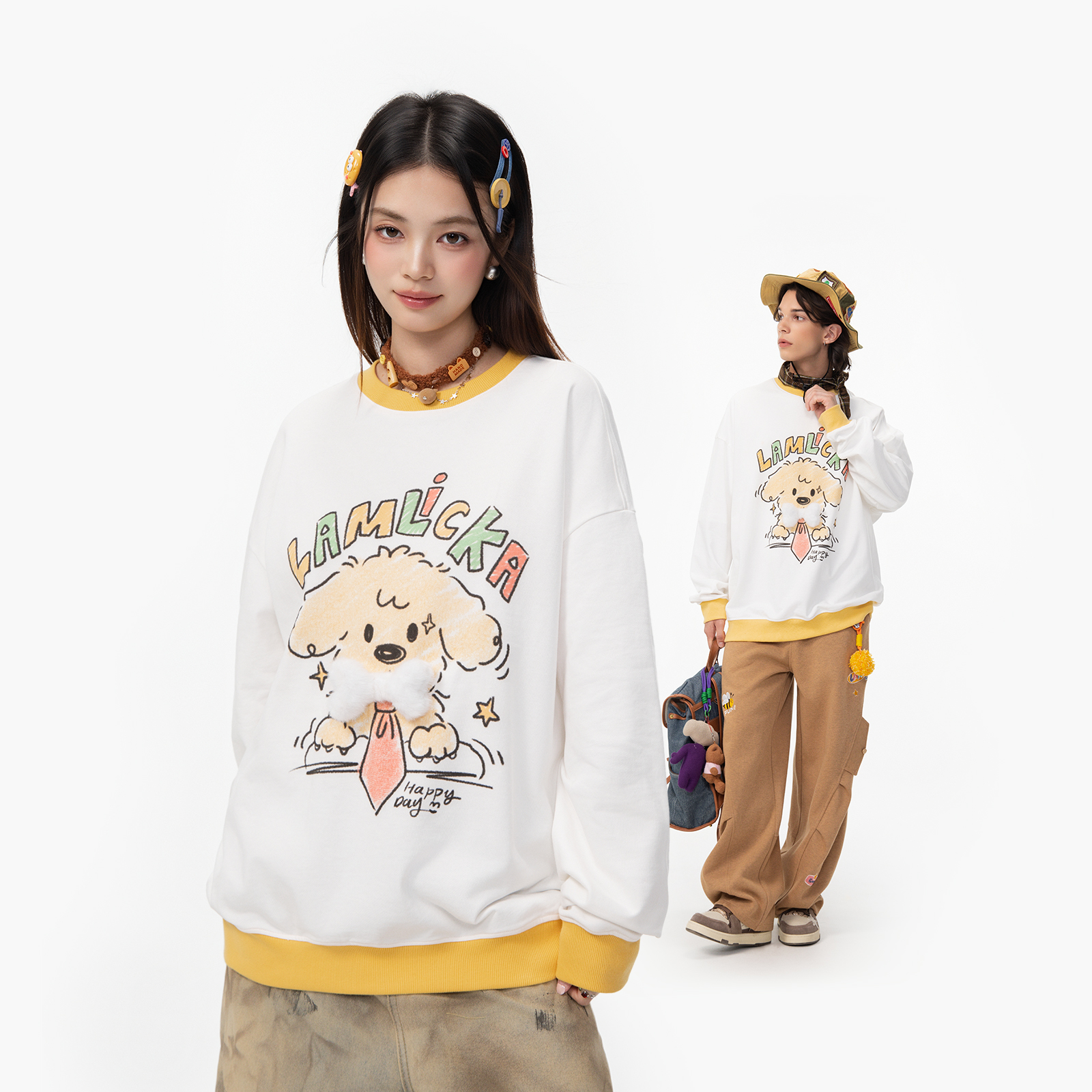 LAMLICKA小狗印花白色卫衣圆领撞色多巴胺上衣oversize宽松外套