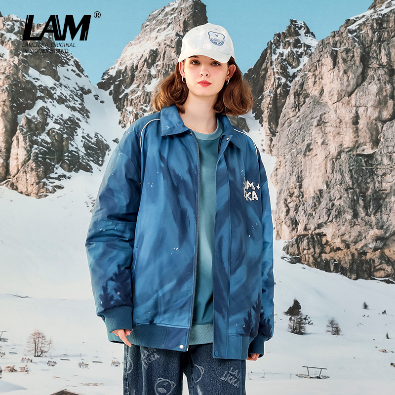 LAMLICKA渲染字母印花夹克外套男秋冬潮流薄款青少年棉衣外穿宽松
