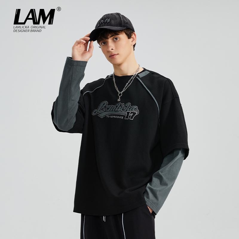 LAMLICKA潮牌假两件拼接长袖T恤