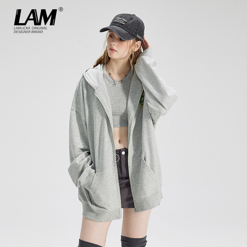 LAMLICKA美式薄款灰色开衫卫衣男