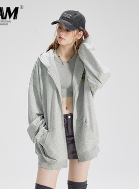 LAMLICKA美式薄款灰色开衫卫衣男2023初秋情侣慵懒上衣连帽衫外套