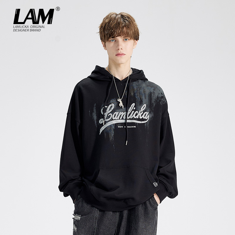 LAMLICKA泼墨印花连帽卫衣男士潮牌秋上新高街设计感休闲帽衫外套