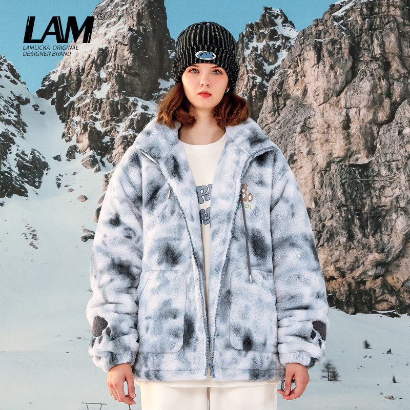LAMLICKA潮牌冬季扎染羊羔绒连帽棉服男潮流百搭新款大码棉衣外套