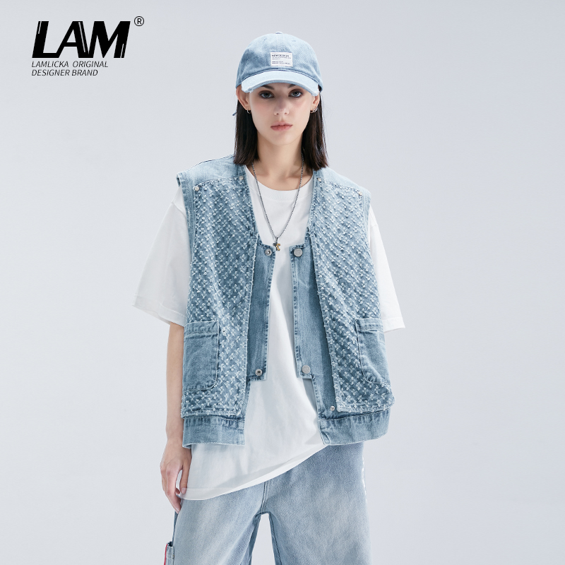 LAMLICKA春季新款牛仔马甲男潮牌ifashion美式外套高街开衫宽松-封面