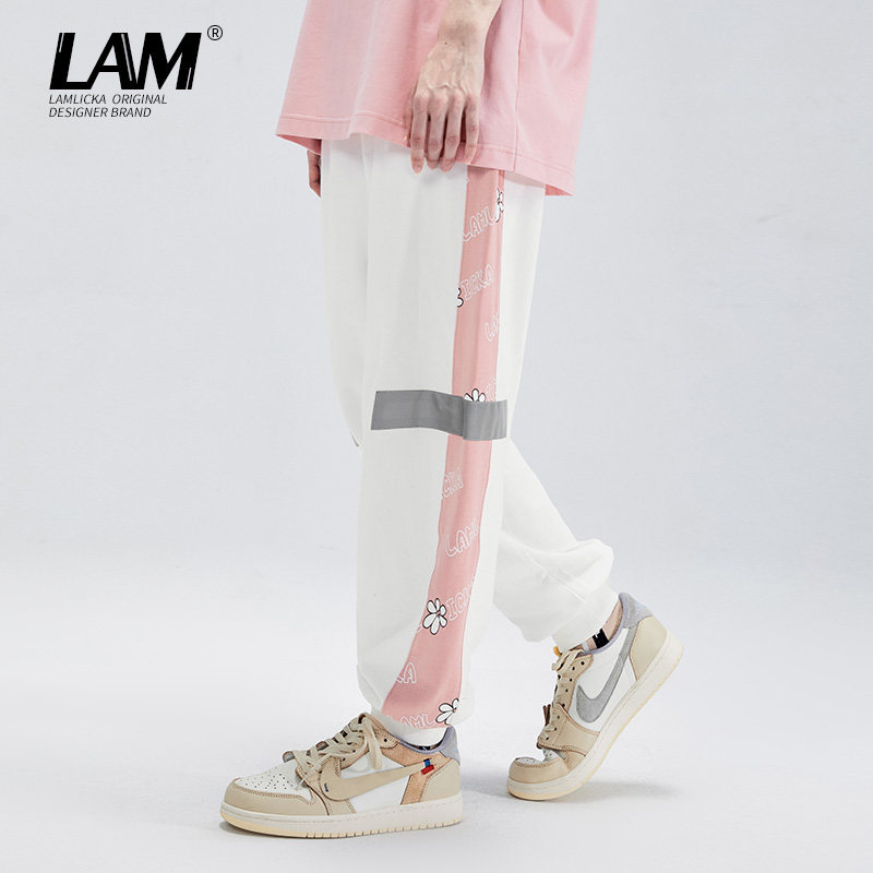 LAMLICKA小雏菊字母反光条休闲裤男潮牌情侣运动束脚卫裤长裤宽松