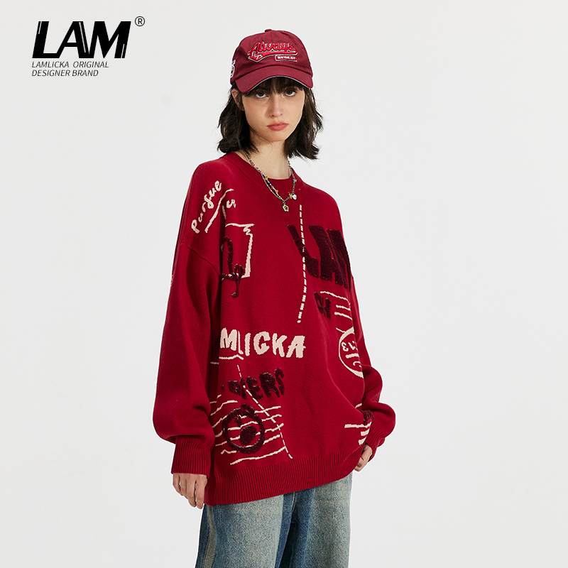 LAMLICKA美式字母刺绣红色针织衫