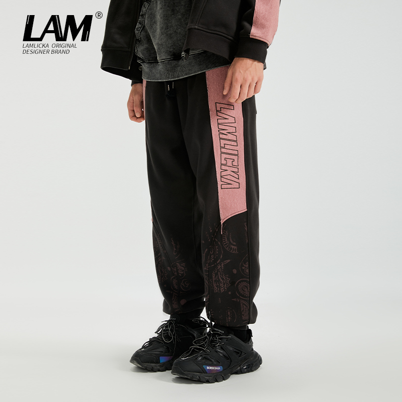 LM234330撞色拼接加绒休闲卫裤男