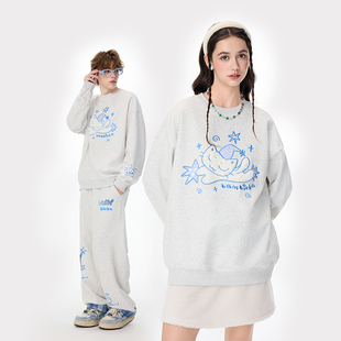 LAMLICKA晚安小猫刺绣灰色卫衣宽松慵懒风长袖 秋冬外套加绒 打底衫