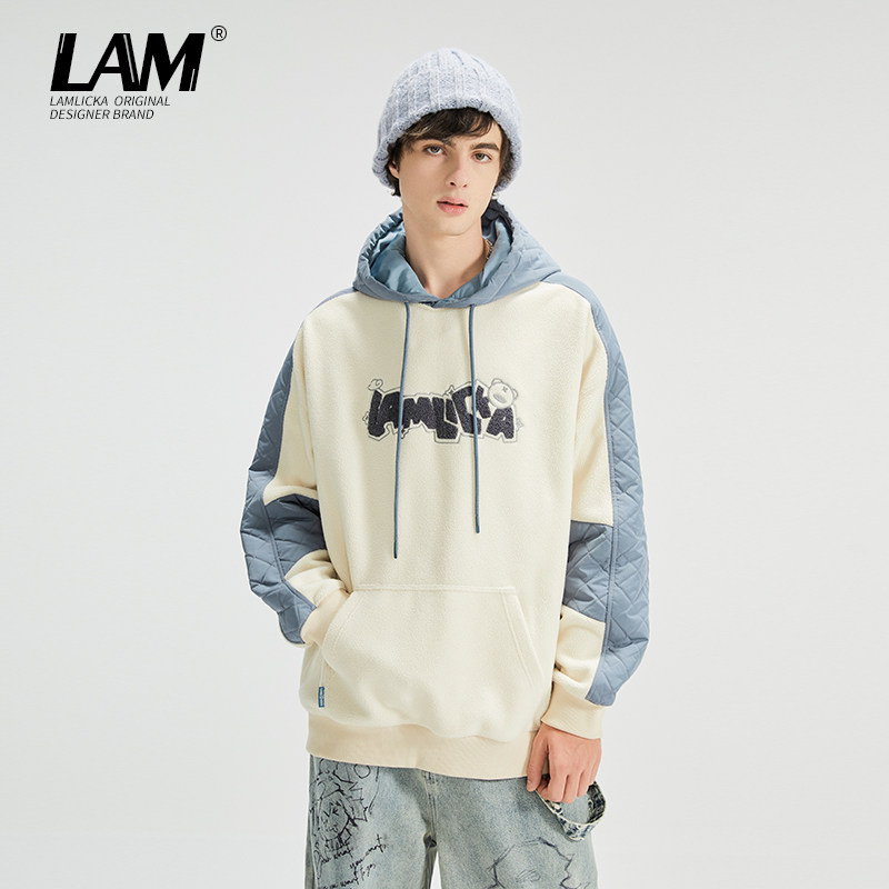 LAMLICKA潮牌熊猫拼接羊羔绒连帽卫衣男慵懒休闲宽松大码帽衫外套