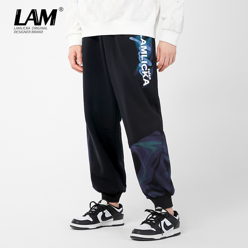 LAMLICKA个性扎染磨毛束脚长裤男潮牌冬季廓形宽松运动休闲裤学生