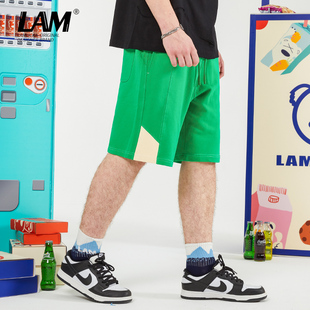 子 休闲宽松裤 LAMLICKA拼色字母印花运动五分裤 男潮牌抽绳纯棉短裤