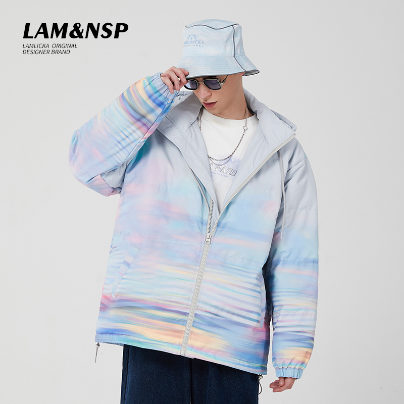 LAMLICKA个性渐变色连帽棉服男潮牌2022新款立领冬季保暖外套情侣