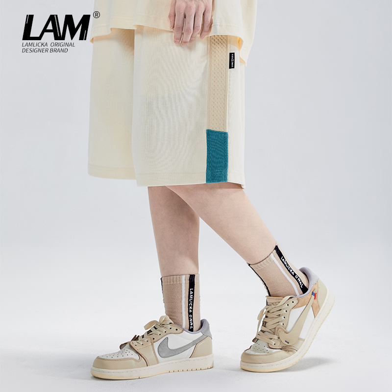 LAMLICKA潮牌简约拼接五分短裤男