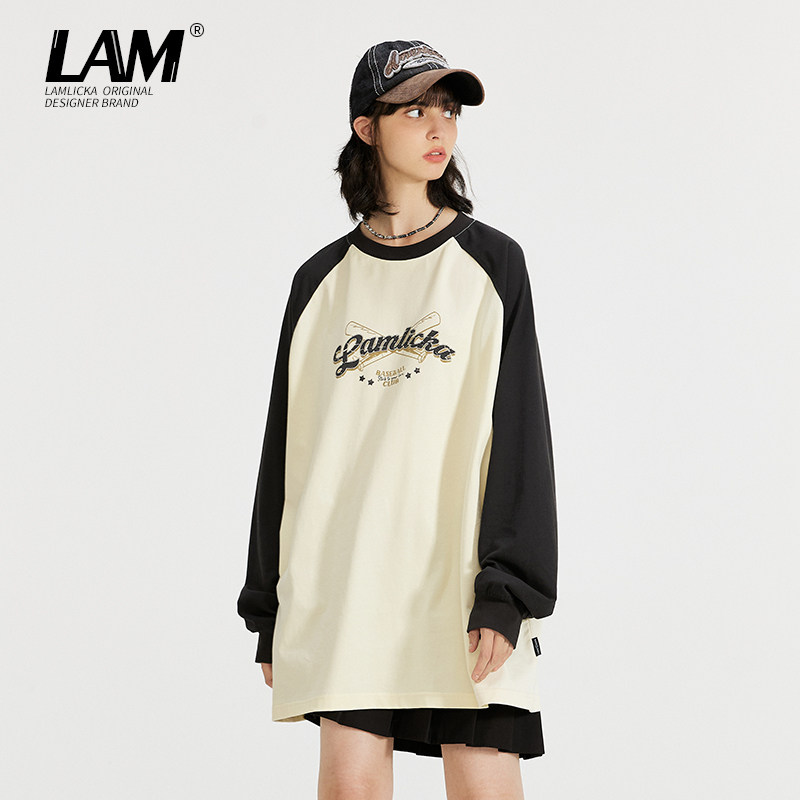 LAMLICKA美式拼接字母长袖T恤