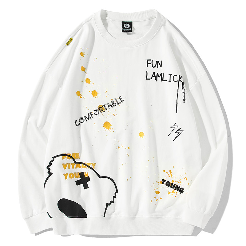 LAMLICKA烫金熊猫印花大码卫衣男女潮牌加绒加厚圆领无帽衫情侣装