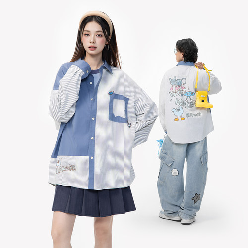 LAMLICKA卡通小猫蓝色条纹衬衫上衣女休闲宽松慵懒风立领长袖衬衣