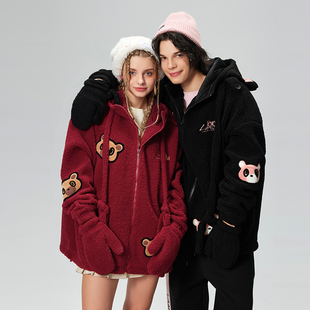 LAMLICKA秋冬连帽羊羔绒休闲外套男女情侣款 保暖宽松百搭加绒夹克