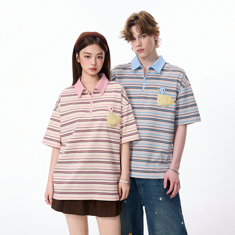 LAMLICKA小鸟贴布口袋刺绣polo衫条纹上衣宽松慵懒风百搭纯棉短袖