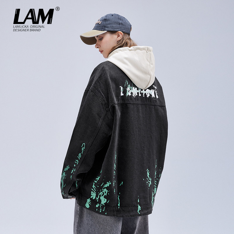 LAMLICKA潮牌个性印花牛仔夹克男国潮风高街宽松翻领秋季休闲外套