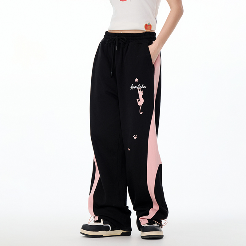 LAMLICKA猫爪印花黑色裤子宽松