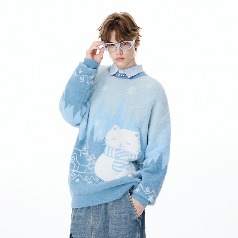 LAMLICKA雪人小猫渐变蓝色毛衣慵懒高级感内搭可外穿针织衫外套