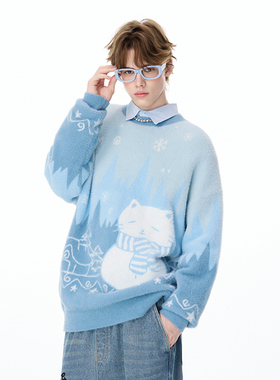 LAMLICKA雪人小猫渐变蓝色毛衣慵懒高级感内搭可外穿针织衫外套